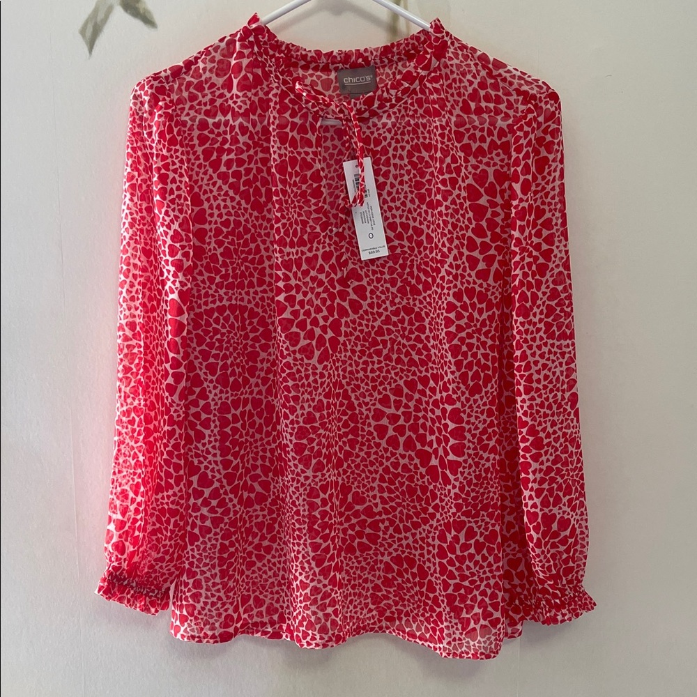 Chicos Red and White Heart Pattern Pervasive Love Sheer Blouse